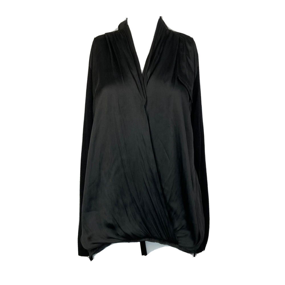 Dolan T-Shirt Blouse Womens Sz M Antro Black Satin Knit Faux Wrap‎ Drape V-Neck